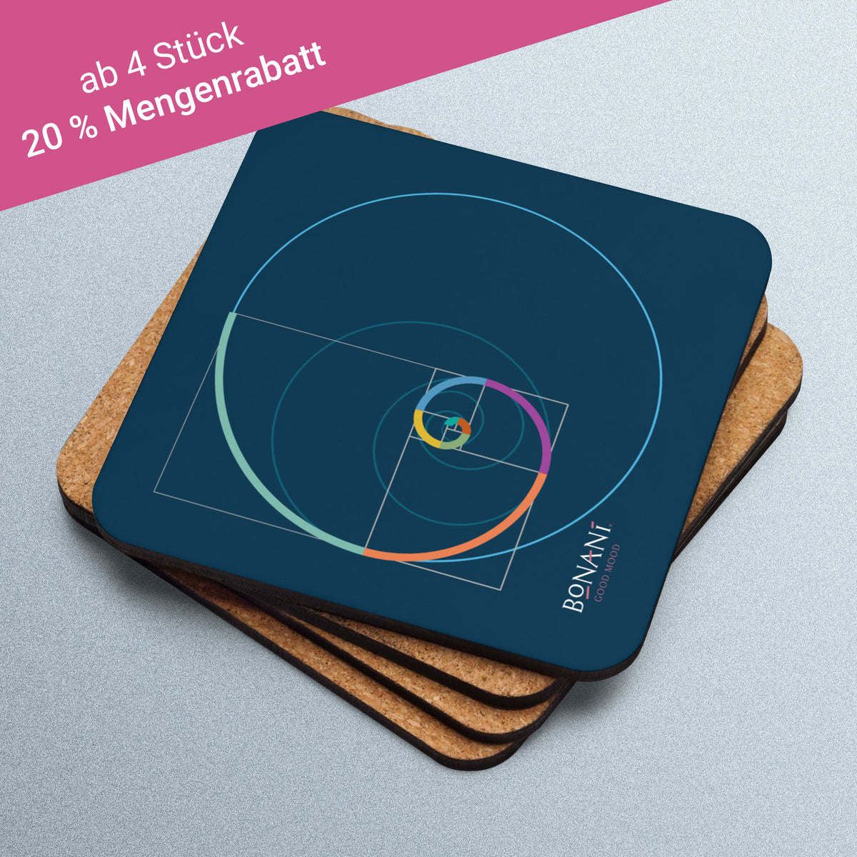 Korkuntersetzer Goldener Schnitt mit dem Design der Fibonacci - Spirale - BONANI Design Untersetzer