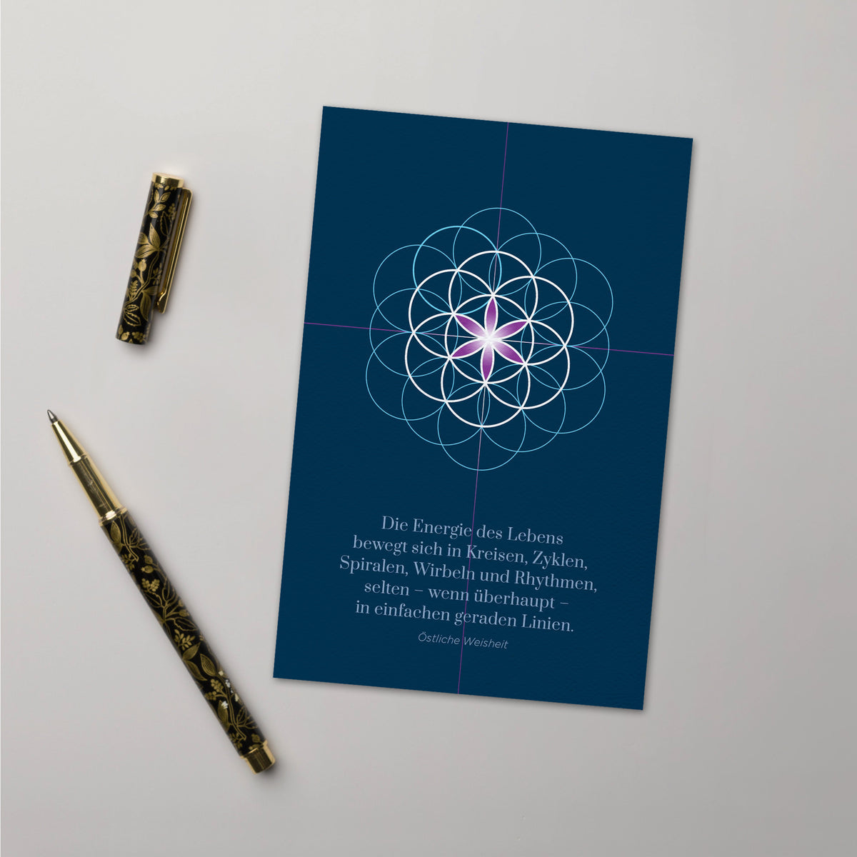 BONANI Grußkarte 08 "Blume des Lebens", heilige Geometrie, dunkelblau mit Zitat, 11 x 17 cm, Klappkarte inkl. Umschlag - BONANI Design Schreibwaren