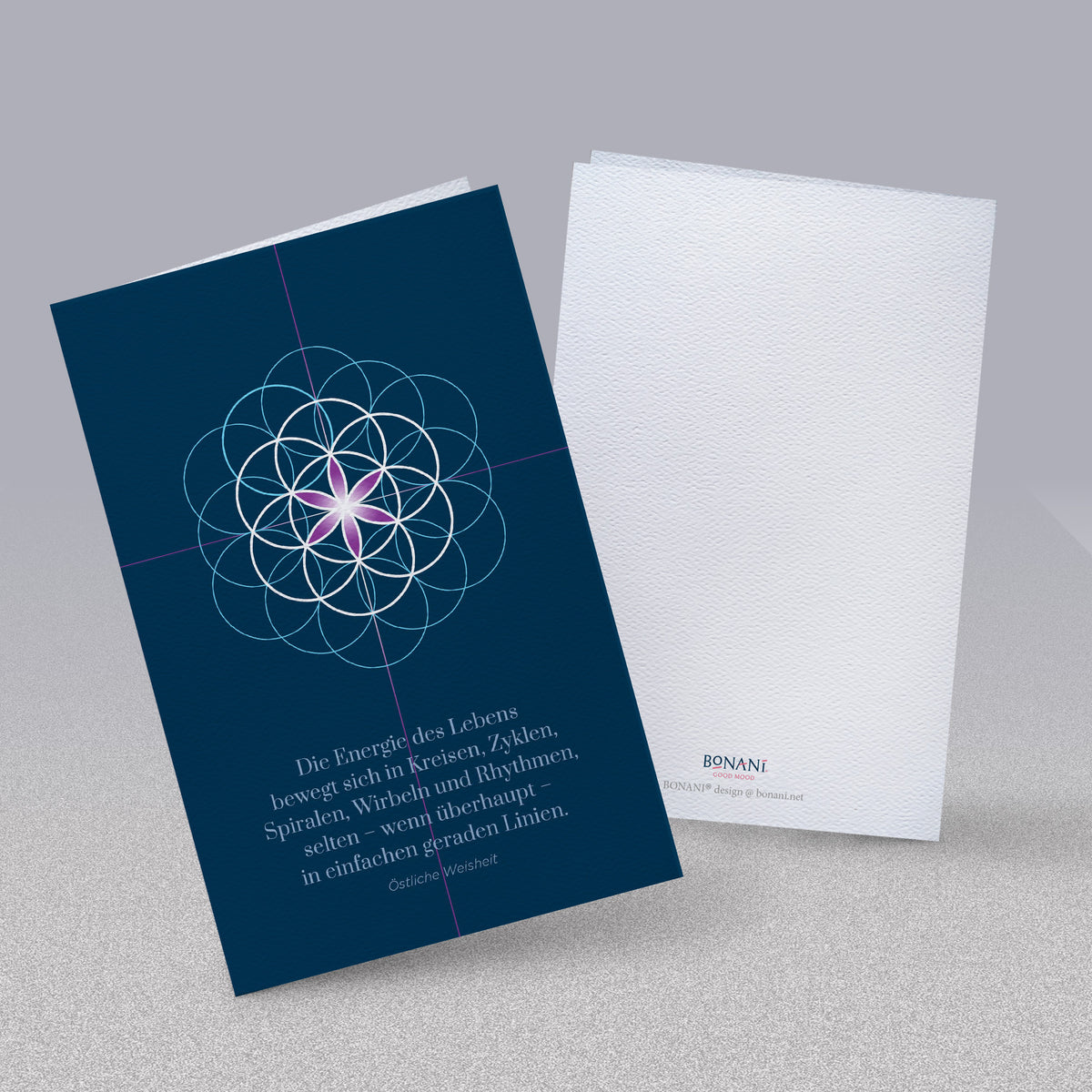 BONANI Grußkarte 08 "Blume des Lebens", heilige Geometrie, dunkelblau mit Zitat, 11 x 17 cm, Klappkarte inkl. Umschlag - BONANI Design Schreibwaren