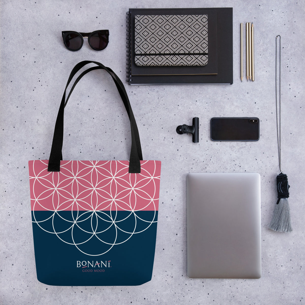 Stofftasche "Blume des Lebens", einem Symbol der heiligen Geometrie, für alles was tragbar ist - BONANI Design Stofftasche